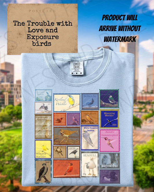 The Trouble with Love and Exposure bird stamp shirt | Made in-house | Officially licensed by Harriet Ashford